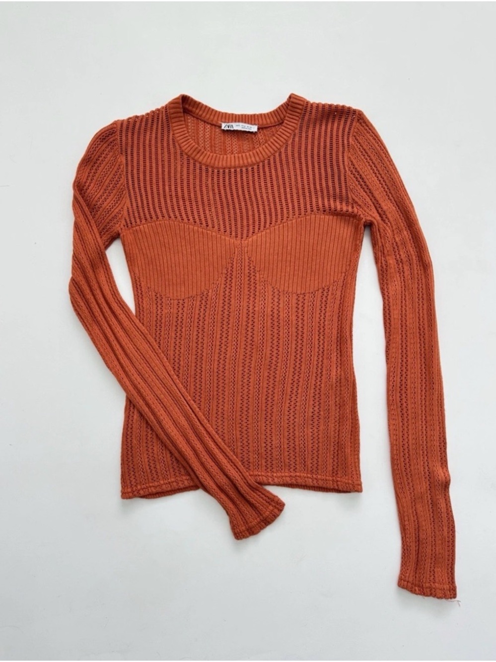 Zara Burnt Orange Open-Knit Long Sleeve Top